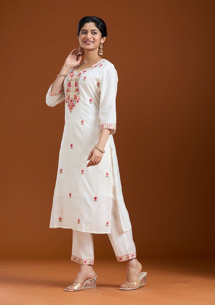 White Threadwork Chanderi Readymade Salwar Suit-Koskii