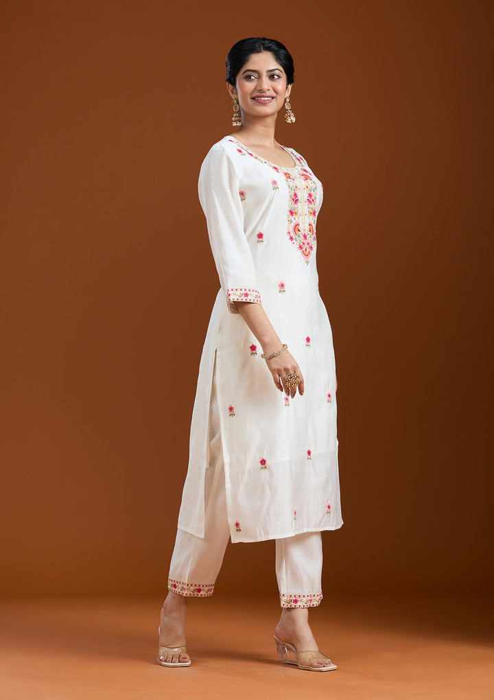 White Threadwork Chanderi Readymade Salwar Suit-Koskii