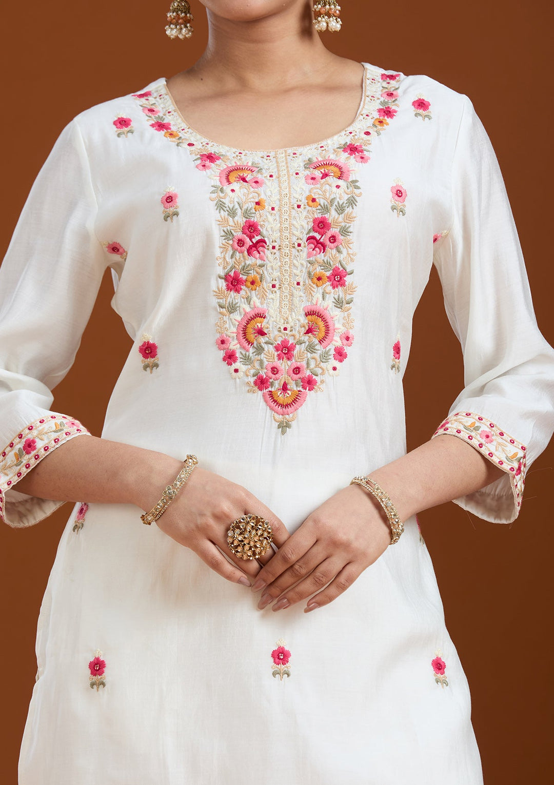 White Threadwork Chanderi Readymade Salwar Suit-Koskii