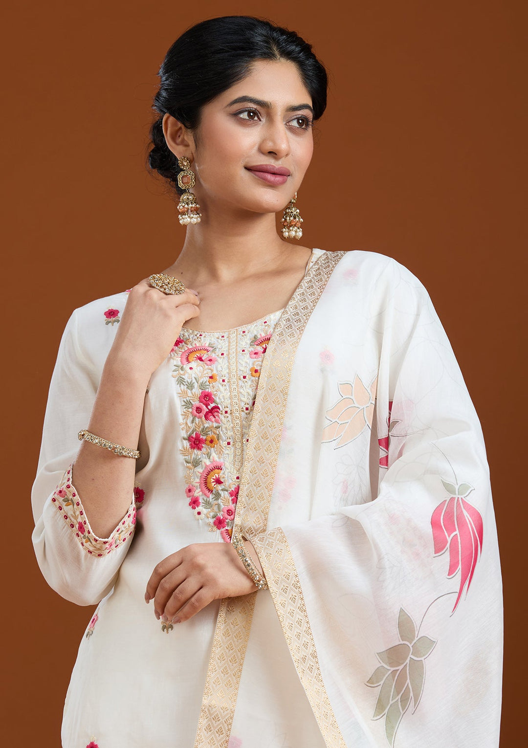 White Threadwork Chanderi Readymade Salwar Suit-Koskii