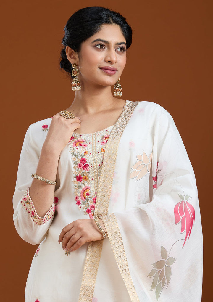 White Threadwork Chanderi Readymade Salwar Suit-Koskii