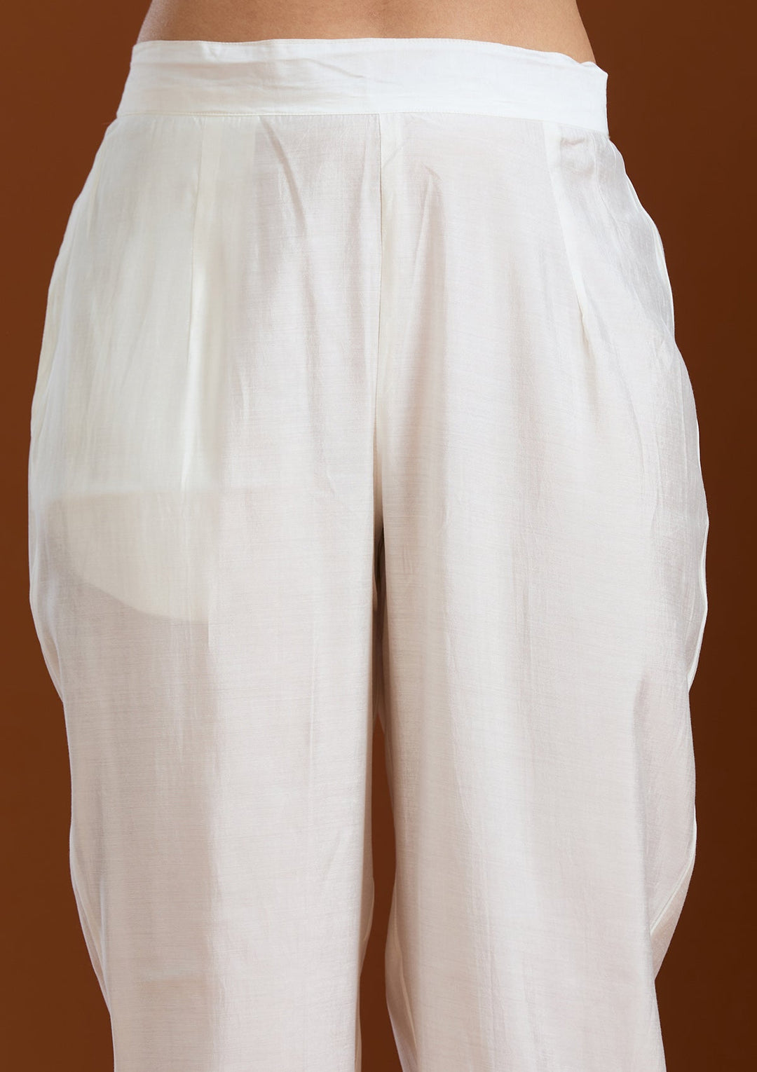 White Threadwork Chanderi Readymade Salwar Suit-Koskii