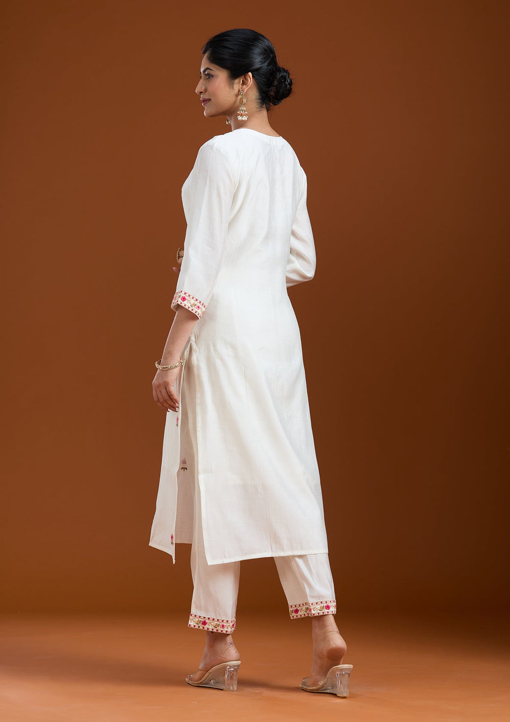 White Threadwork Chanderi Readymade Salwar Suit-Koskii