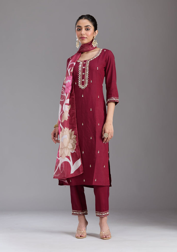 Maroon Cutdana Chanderi Readymade Salwar Suit-koskii