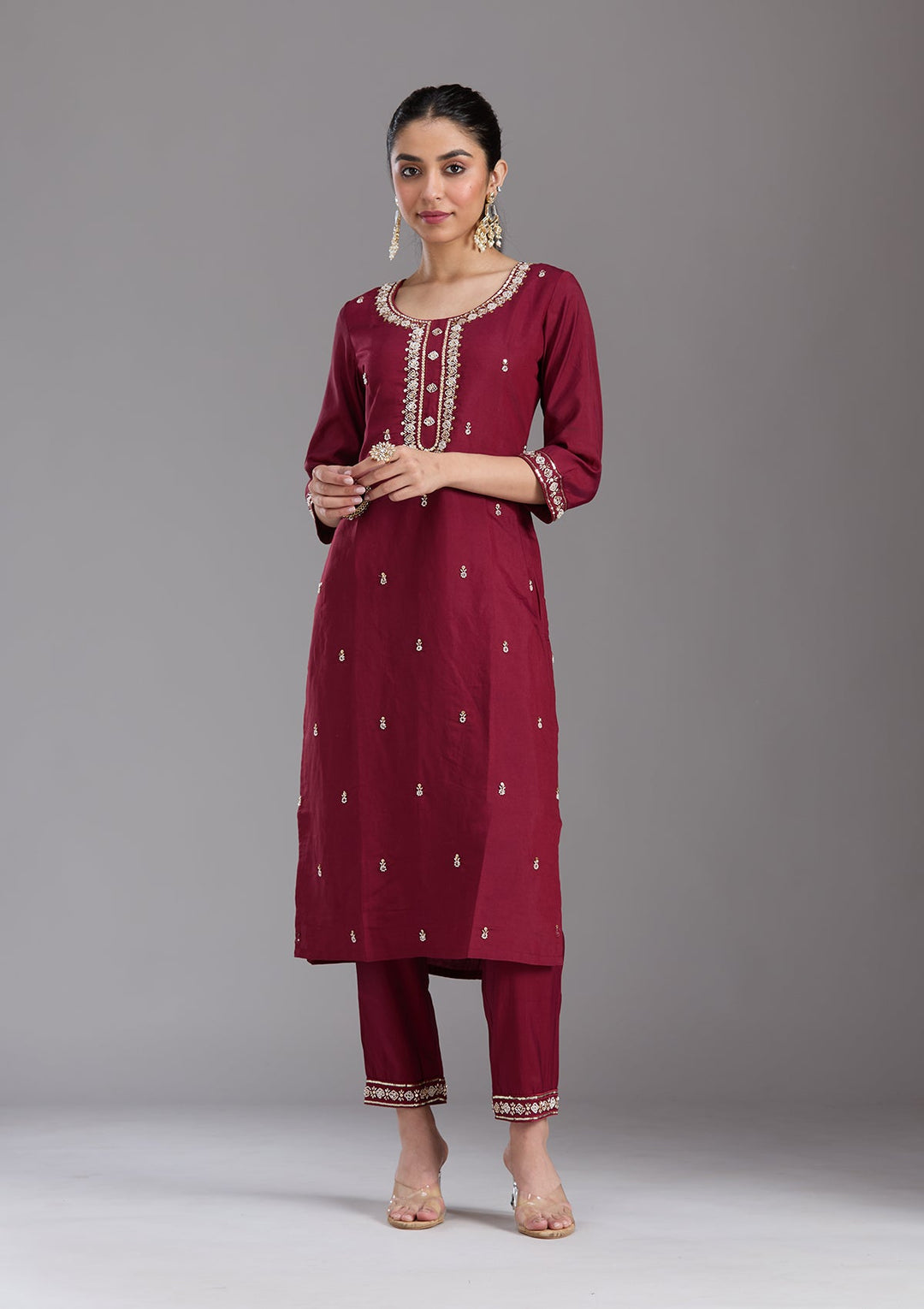 Maroon Cutdana Chanderi Readymade Salwar Suit-koskii