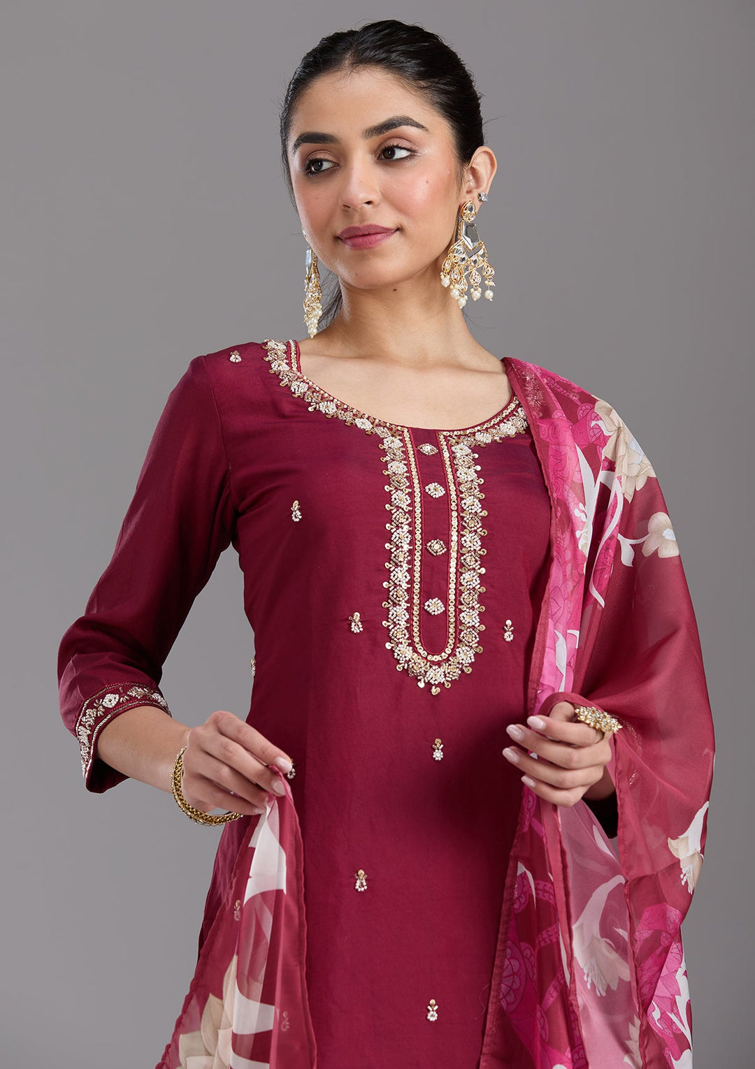 Maroon Cutdana Chanderi Readymade Salwar Suit-koskii