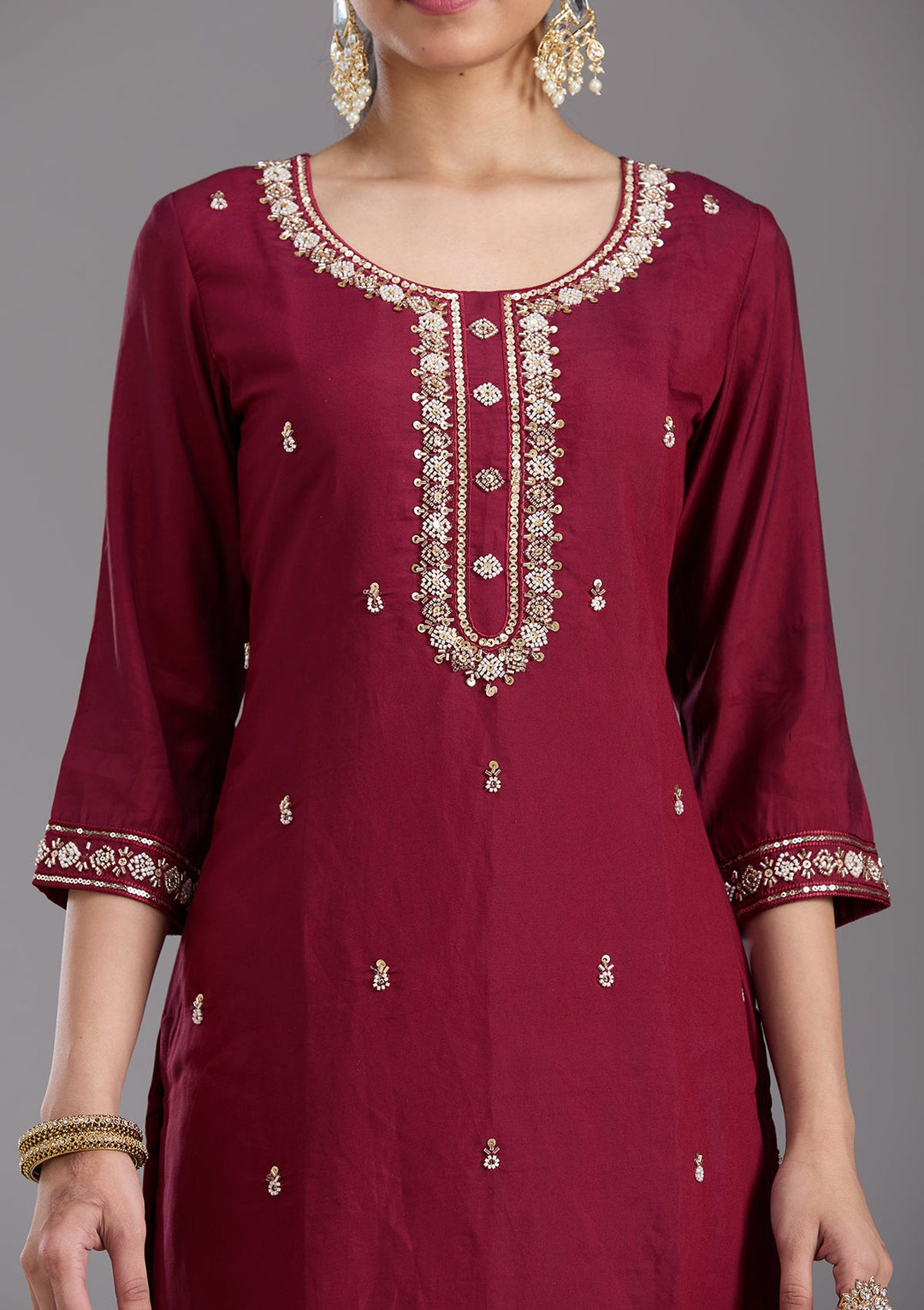 Maroon Cutdana Chanderi Readymade Salwar Suit