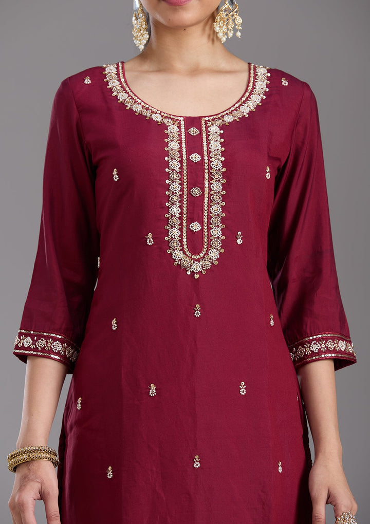 Maroon Cutdana Chanderi Readymade Salwar Suit