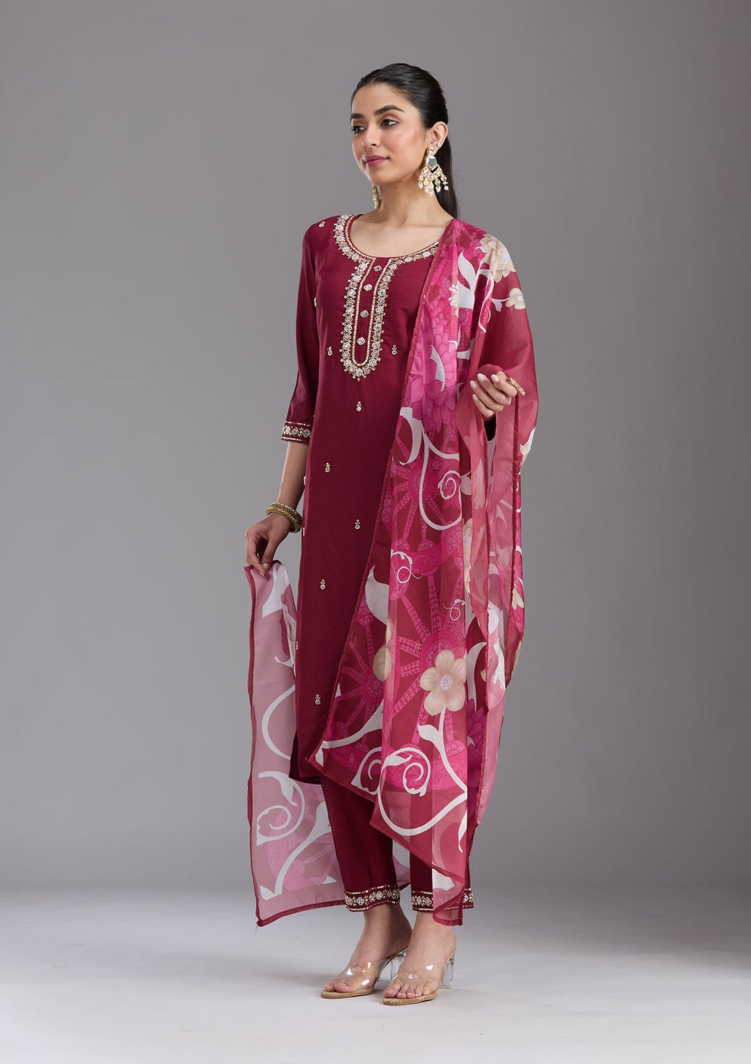 Maroon Cutdana Chanderi Readymade Salwar Suit-koskii
