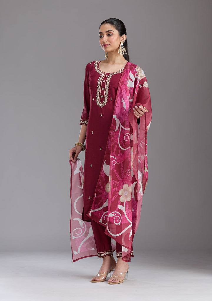 Maroon Cutdana Chanderi Readymade Salwar Suit-koskii