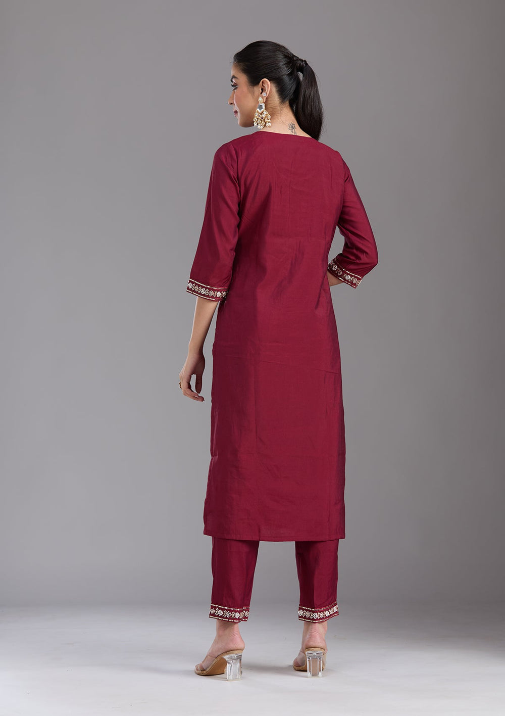 Maroon Cutdana Chanderi Readymade Salwar Suit-koskii