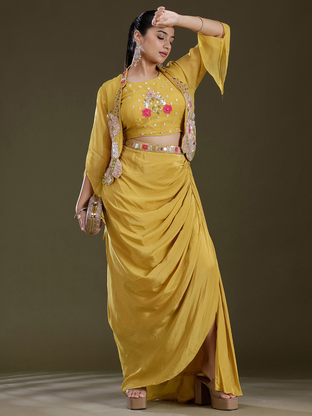 Mustard Yellow Threadwork Satin Readymade Salwar Suit