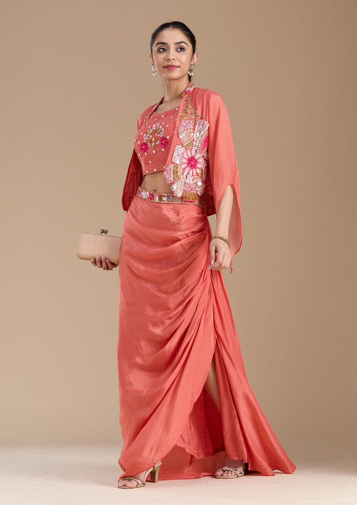 Rust Applique Satin Readymade Salwar Suit-koskii