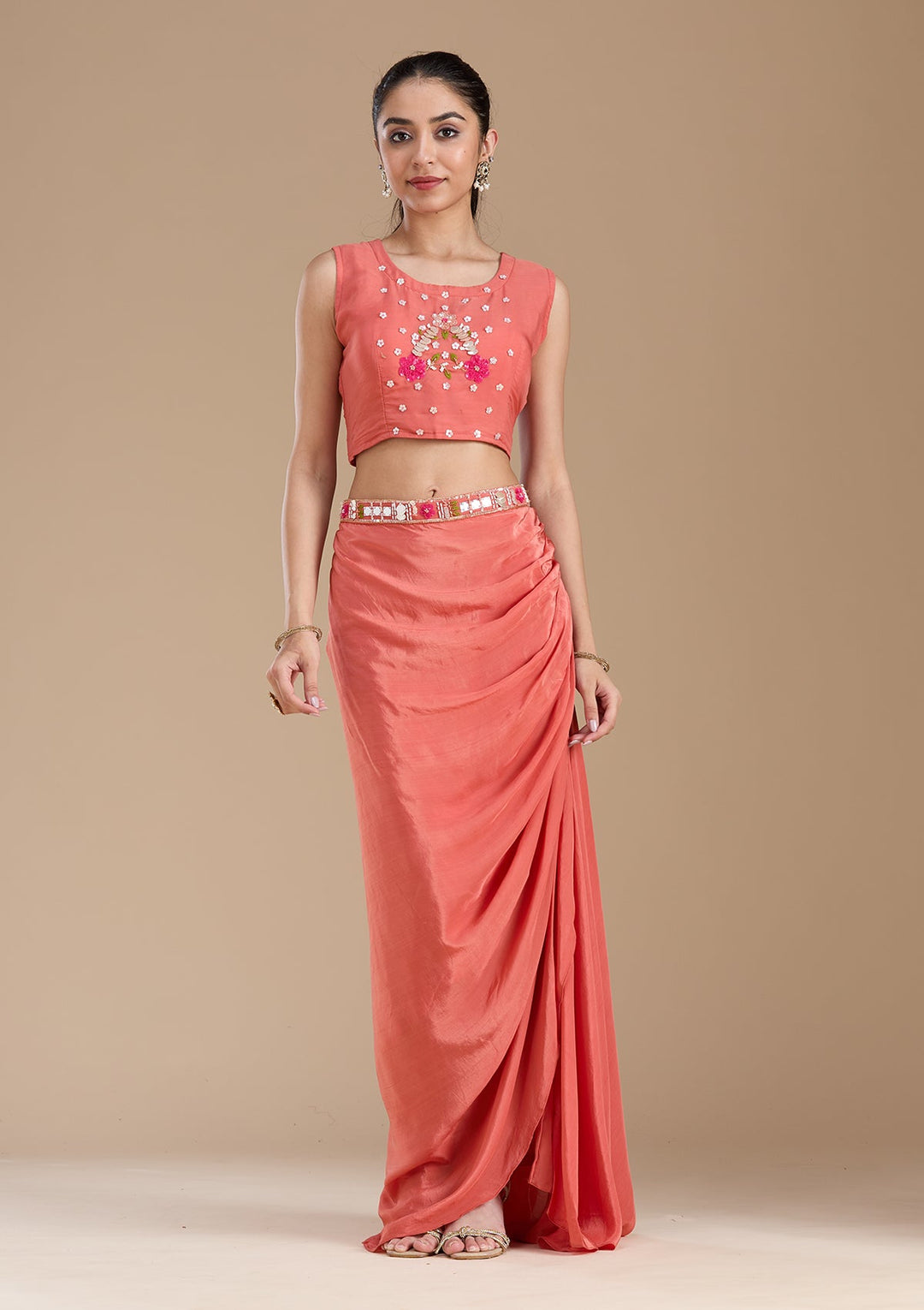 Rust Applique Satin Readymade Salwar Suit-koskii