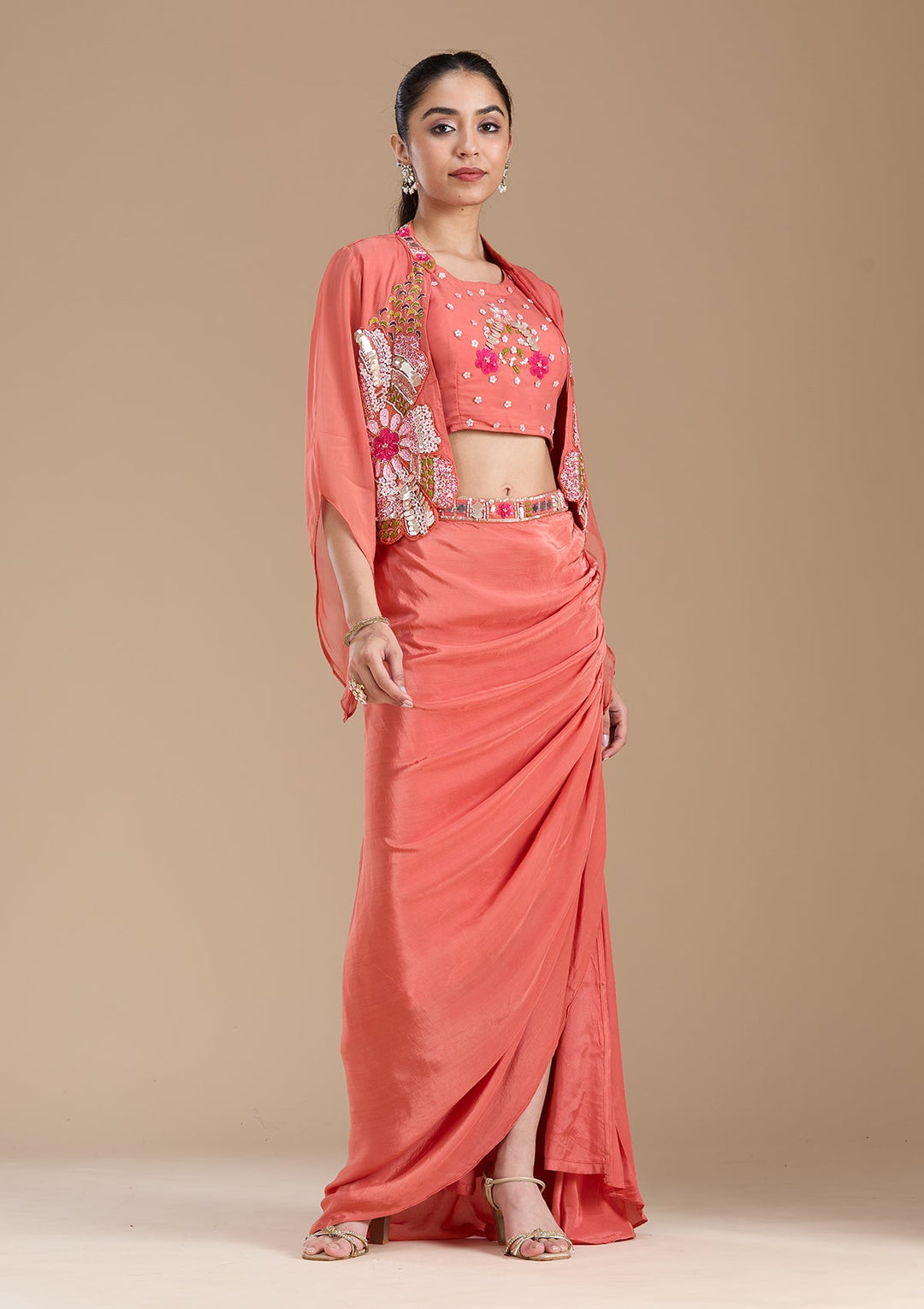 Rust Applique Satin Readymade Salwar Suit-koskii