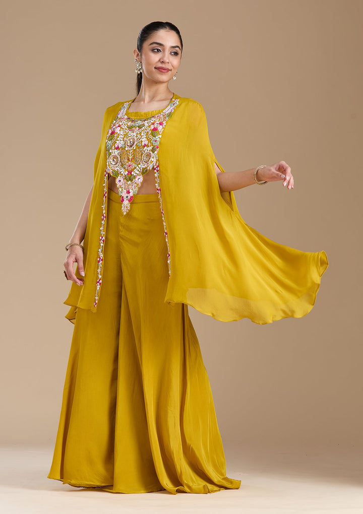 Mustard Yellow Threadwork Crepe Readymade Salwar Suit-koskii