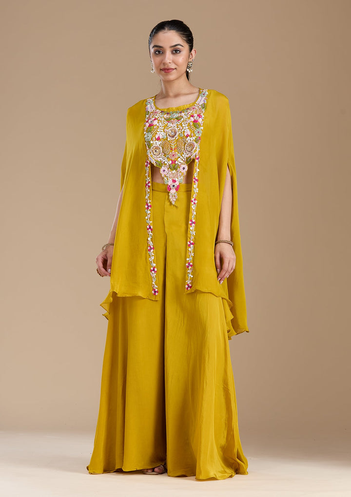 Mustard Yellow Threadwork Crepe Readymade Salwar Suit-koskii