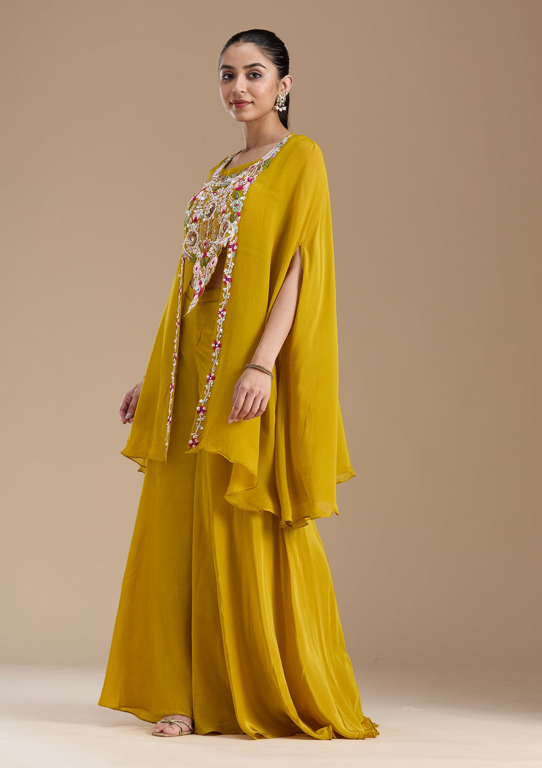 Mustard Yellow Threadwork Crepe Readymade Salwar Suit-koskii