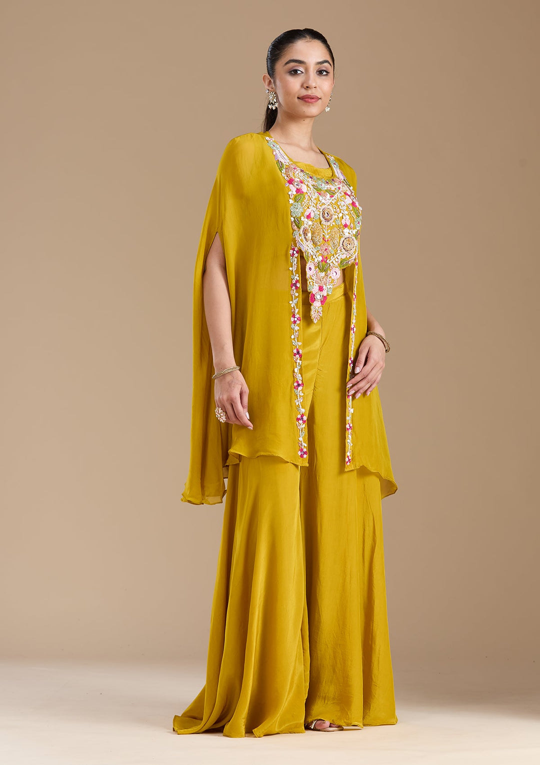 Mustard Yellow Threadwork Crepe Readymade Salwar Suit-koskii