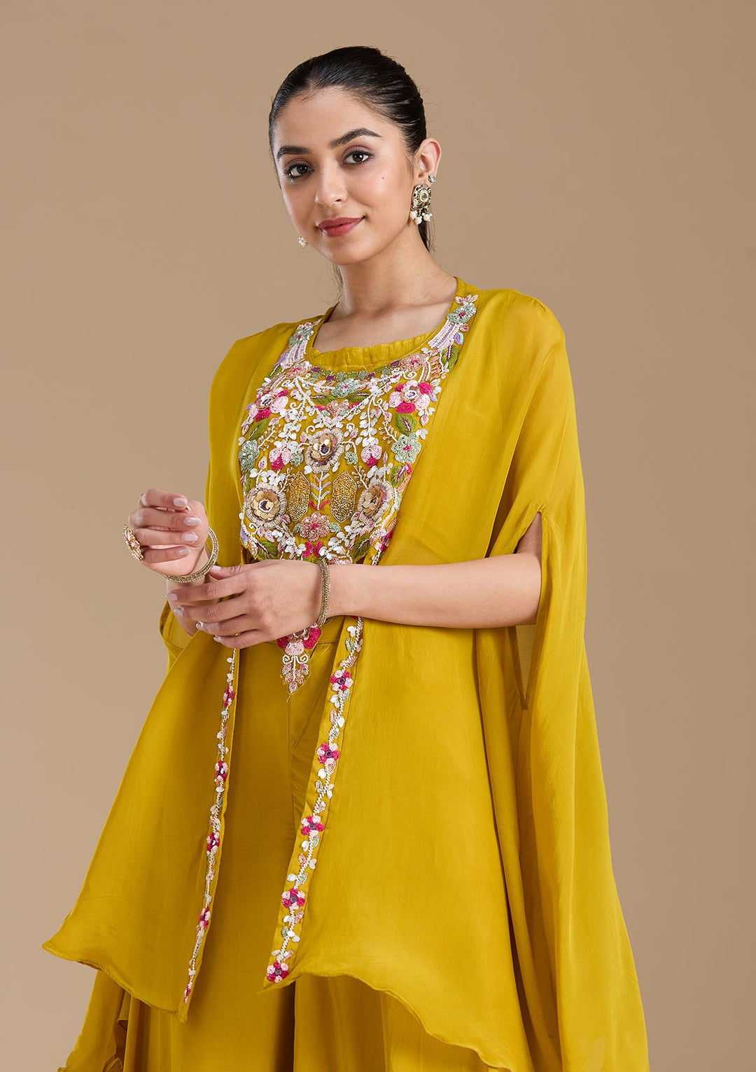 Mustard Yellow Threadwork Crepe Readymade Salwar Suit-koskii