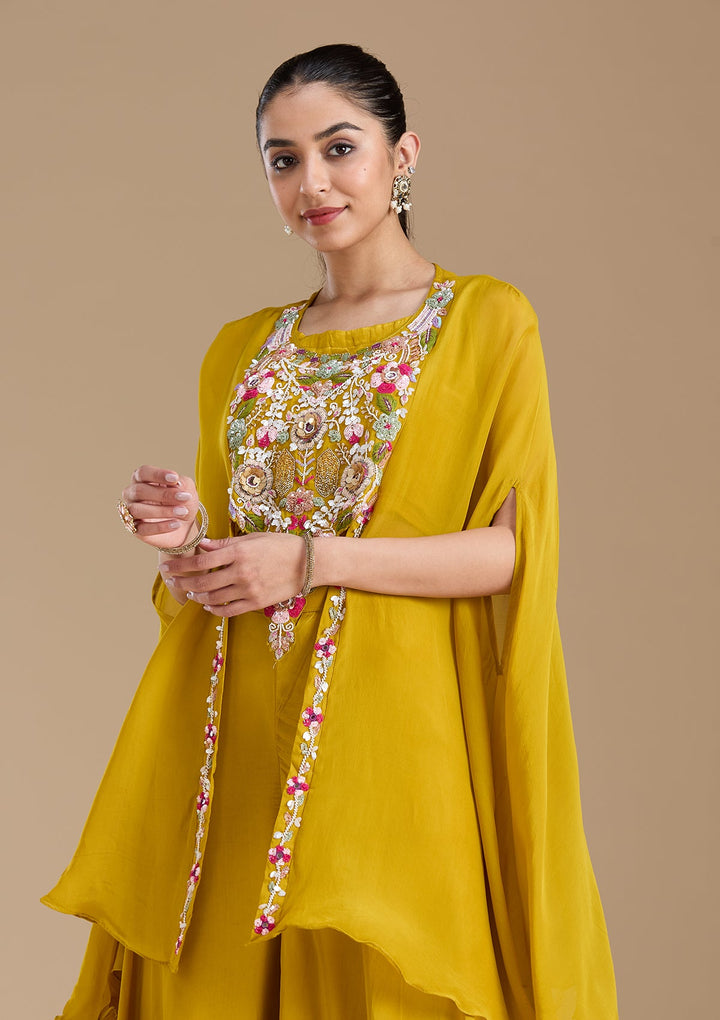 Mustard Yellow Threadwork Crepe Readymade Salwar Suit-koskii