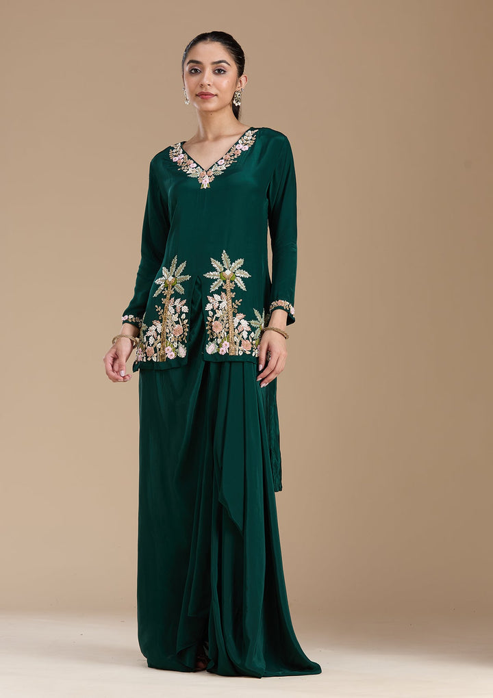 Bottle Green Threadwork Satin Readymade Salwar Suit-koskii