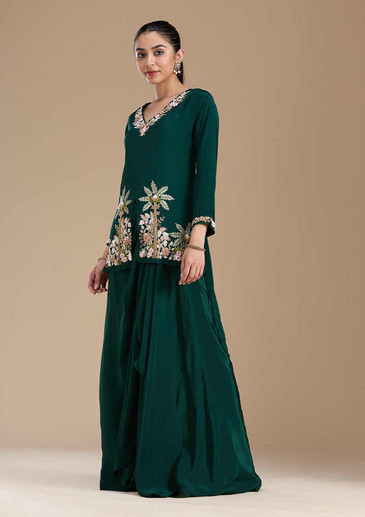 Bottle Green Threadwork Satin Readymade Salwar Suit-koskii