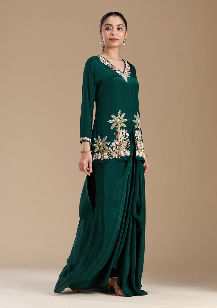 Bottle Green Threadwork Satin Readymade Salwar Suit-koskii