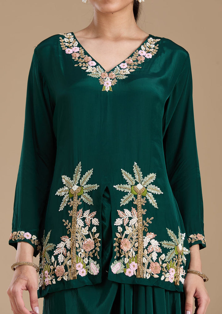 Bottle Green Threadwork Satin Readymade Salwar Suit-koskii