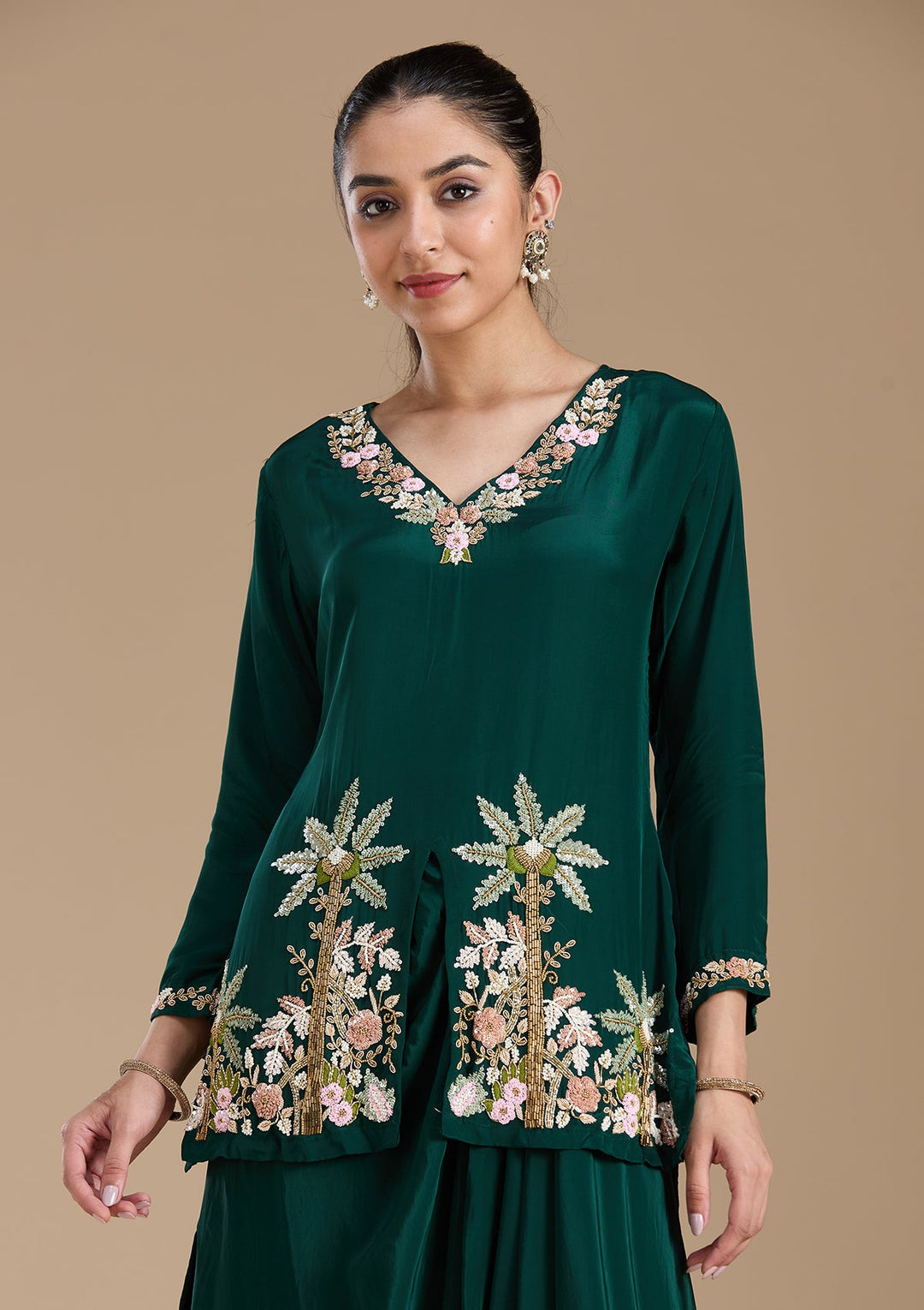 Bottle Green Threadwork Satin Readymade Salwar Suit-koskii