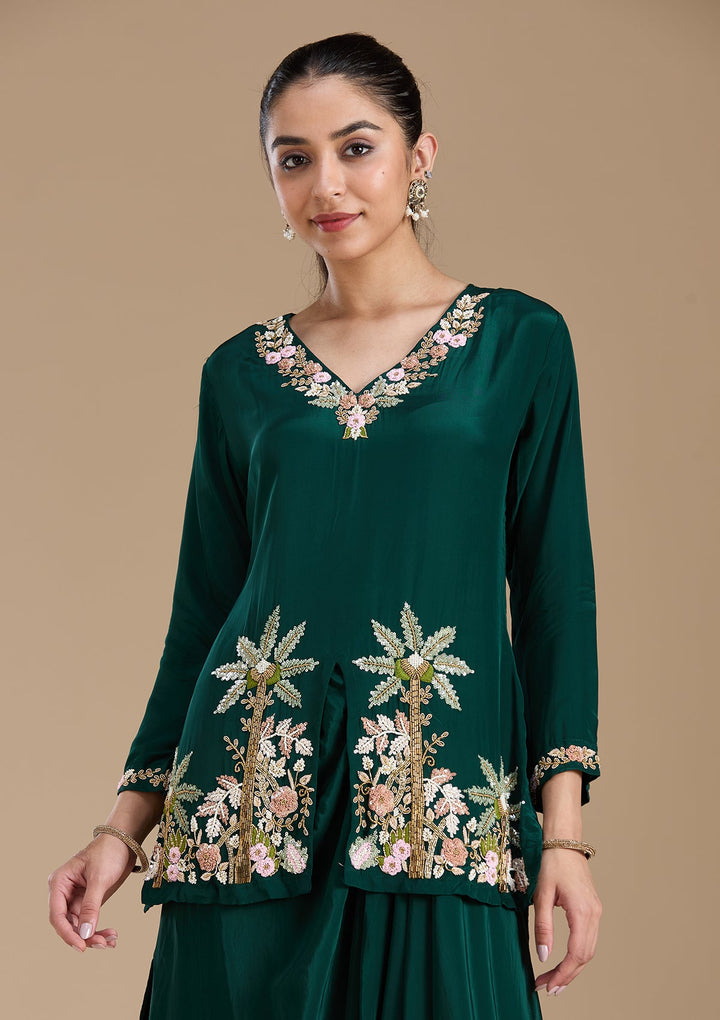 Bottle Green Threadwork Satin Readymade Salwar Suit-koskii