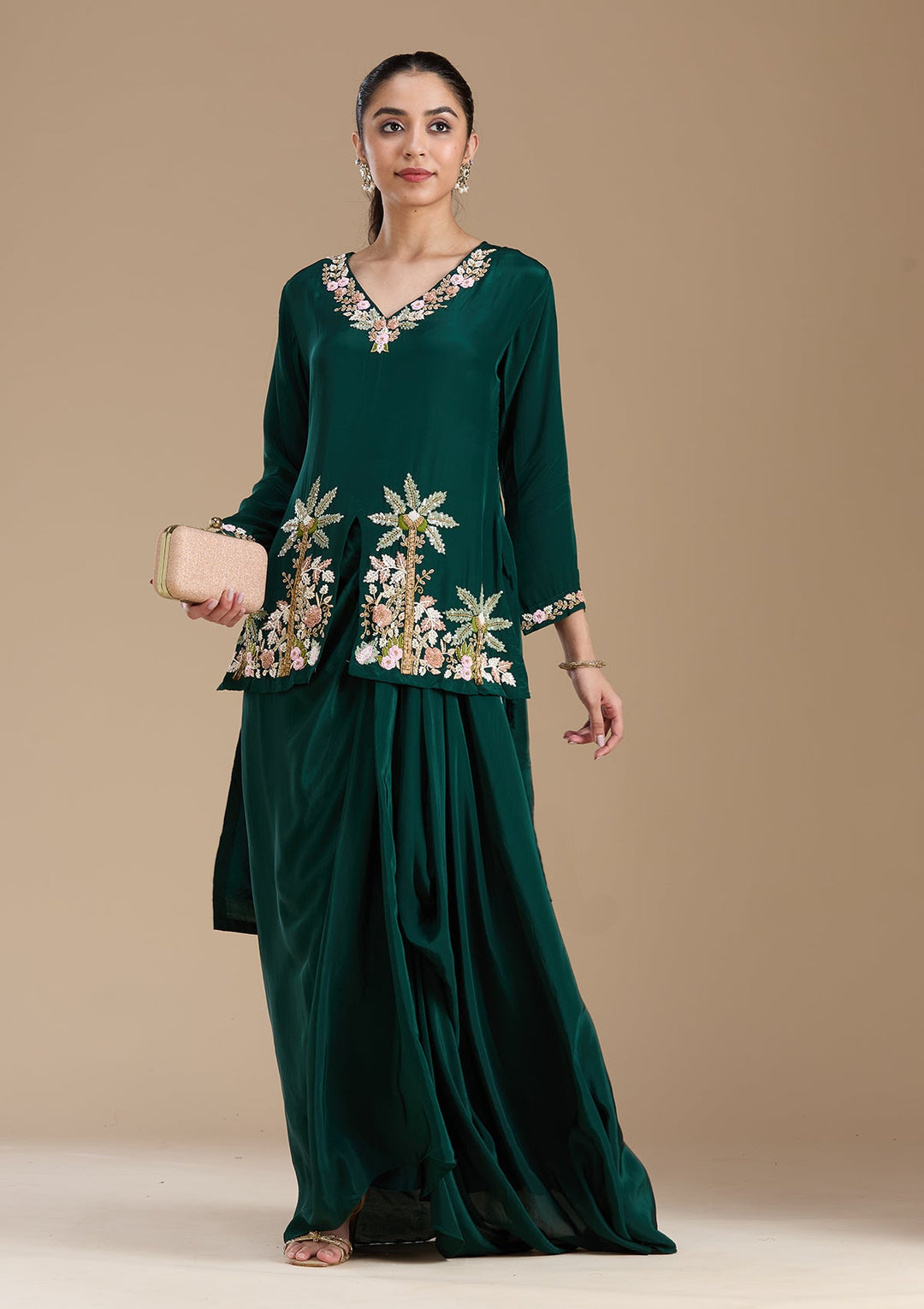 Bottle Green Threadwork Satin Readymade Salwar Suit-koskii