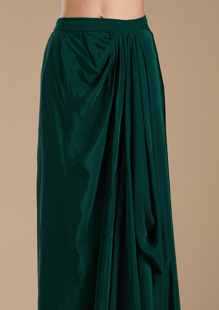 Bottle Green Threadwork Satin Readymade Salwar Suit-koskii