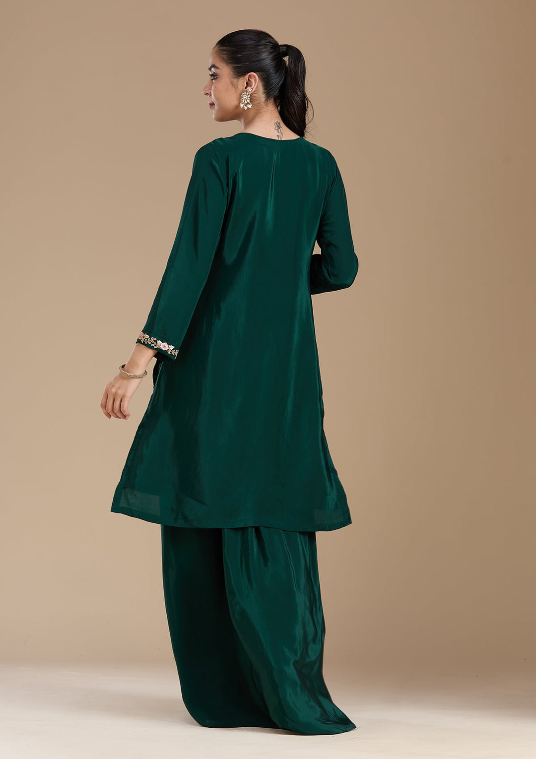 Bottle Green Threadwork Satin Readymade Salwar Suit-koskii