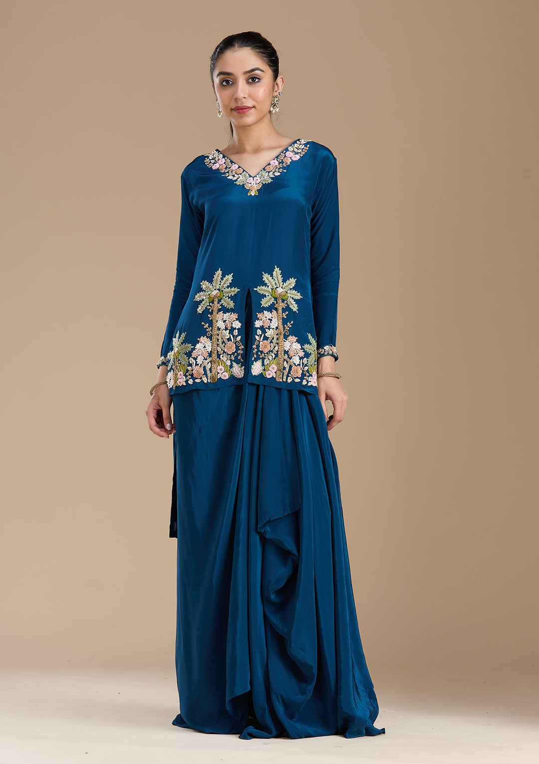 Navy Blue Threadwork Satin Readymade Salwar Suit-koskii