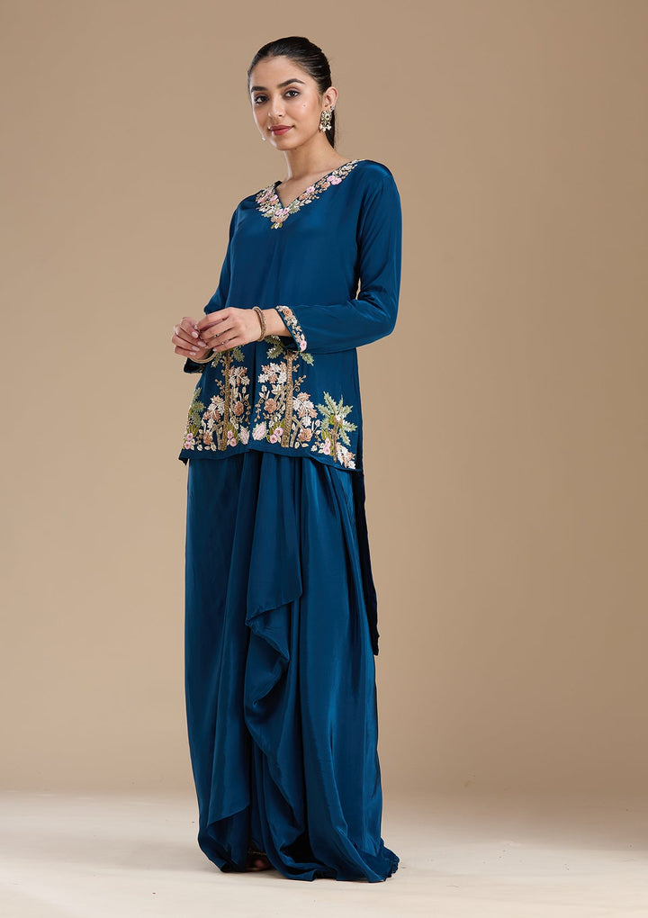 Navy Blue Threadwork Satin Readymade Salwar Suit-koskii
