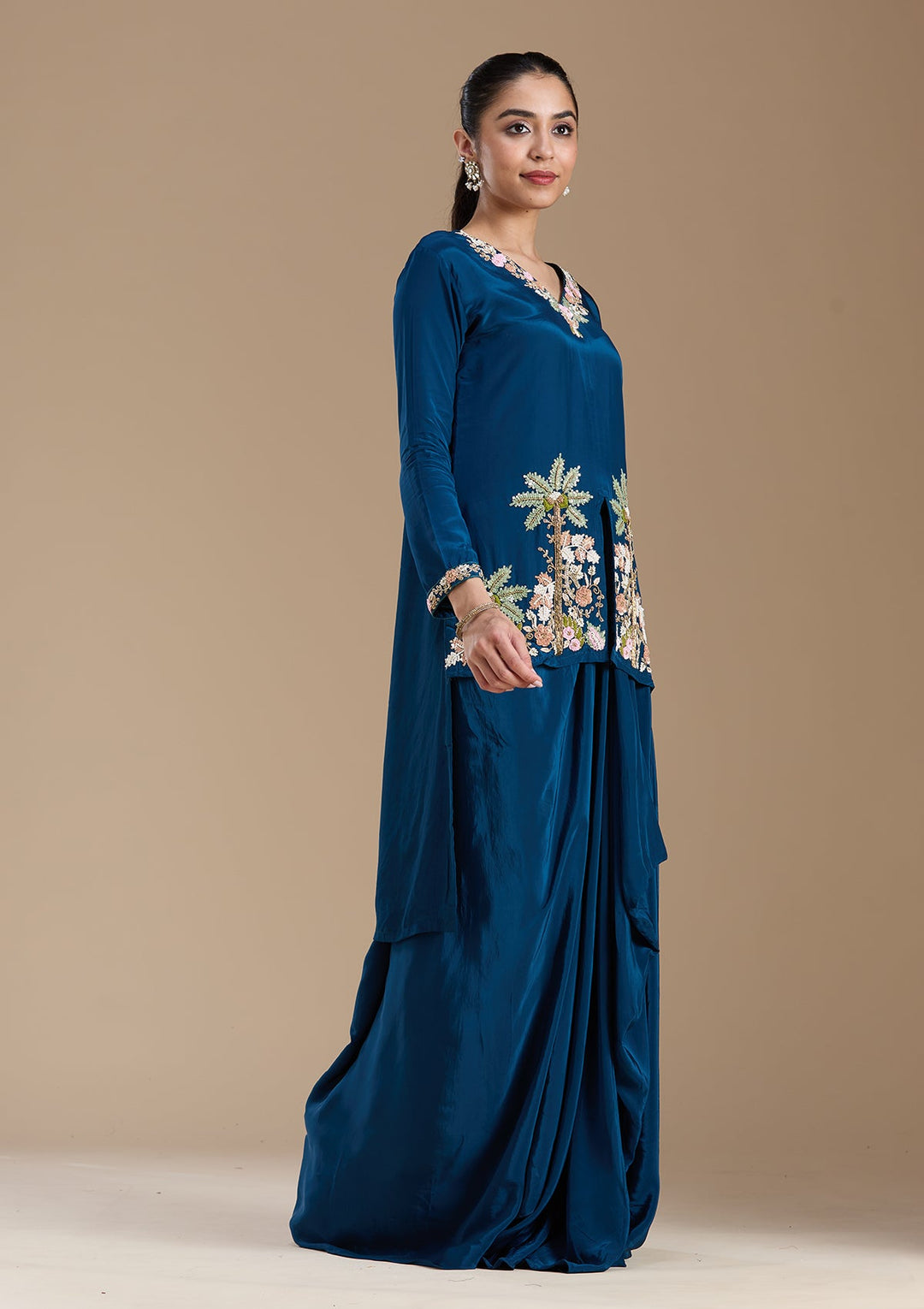 Navy Blue Threadwork Satin Readymade Salwar Suit-koskii