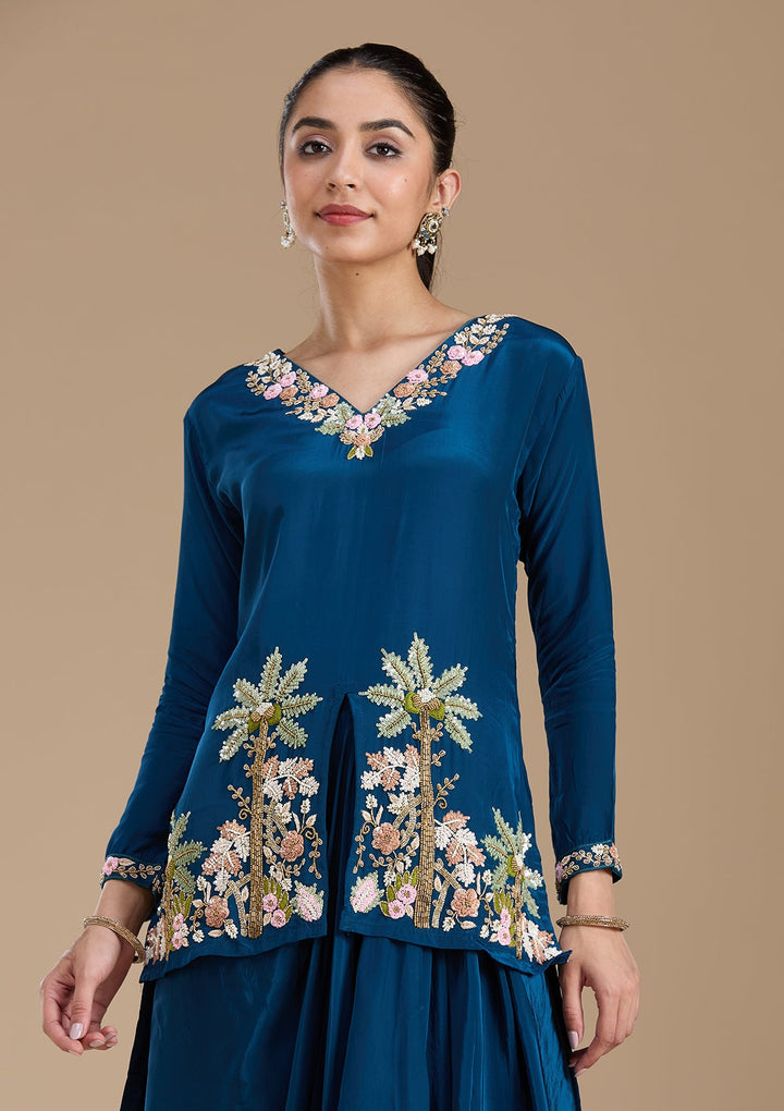 Navy Blue Threadwork Satin Readymade Salwar Suit-koskii