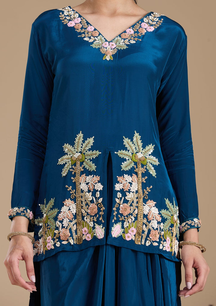 Navy Blue Threadwork Satin Readymade Salwar Suit-koskii