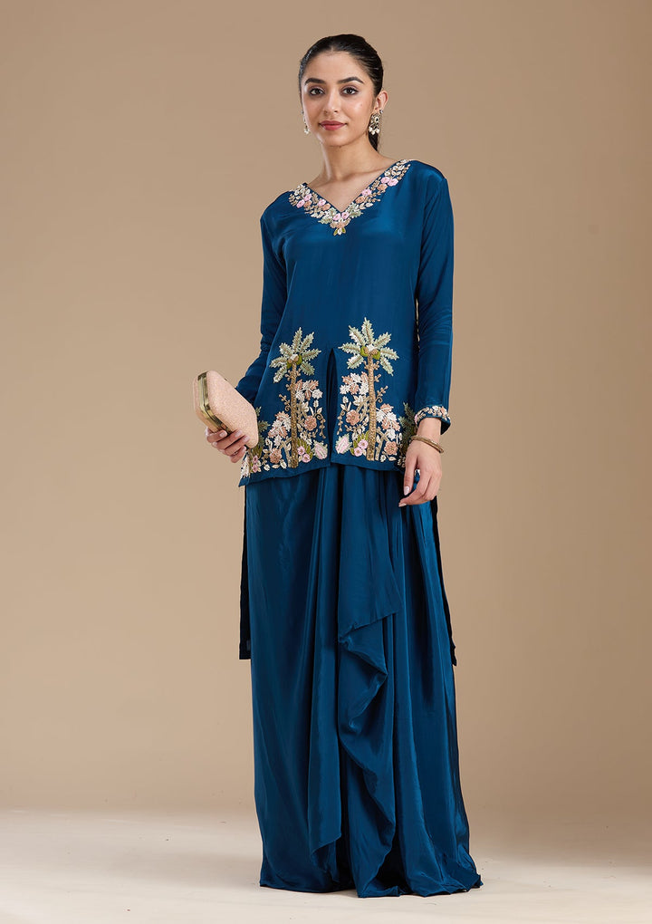 Navy Blue Threadwork Satin Readymade Salwar Suit-koskii