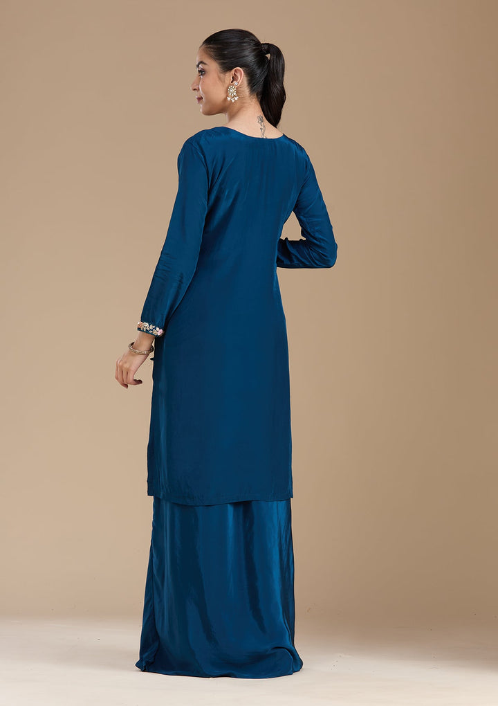 Navy Blue Threadwork Satin Readymade Salwar Suit-koskii