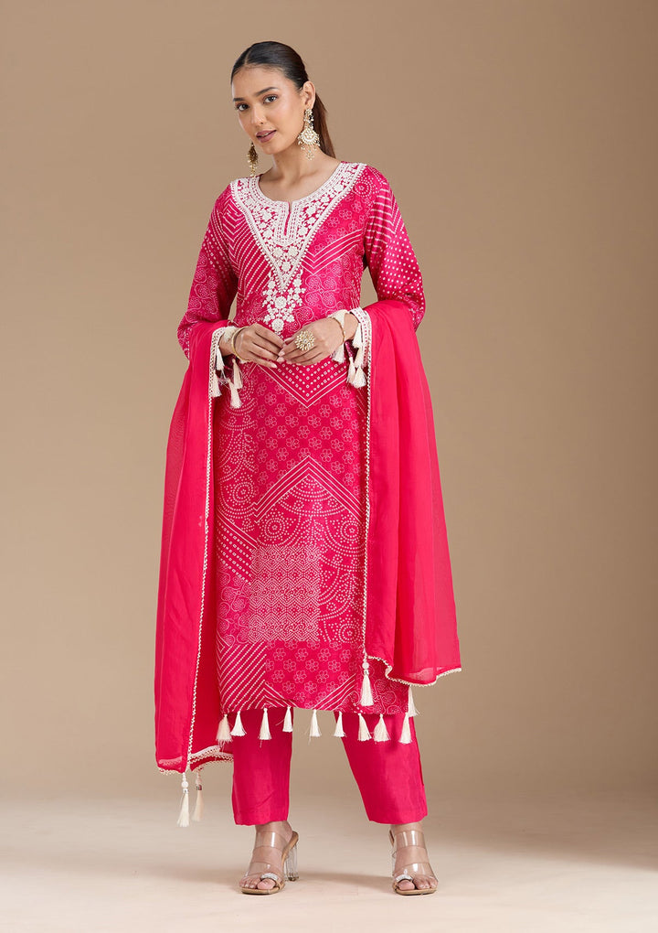 Rani Pink Threadwork Crepe Readymade Salwar Suit