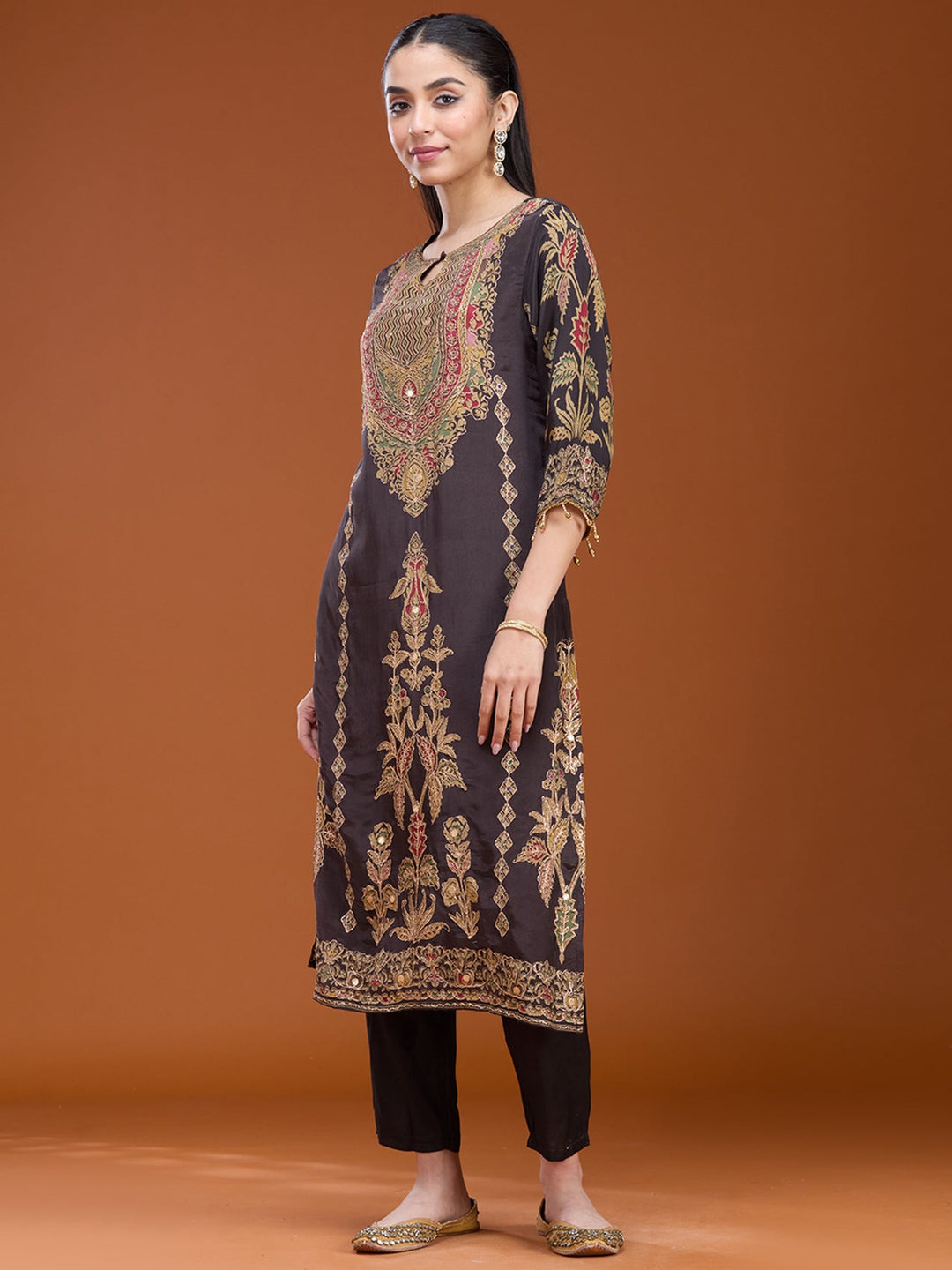 Black Threadwork Soft Raw Silk Readymade Salwar Suit