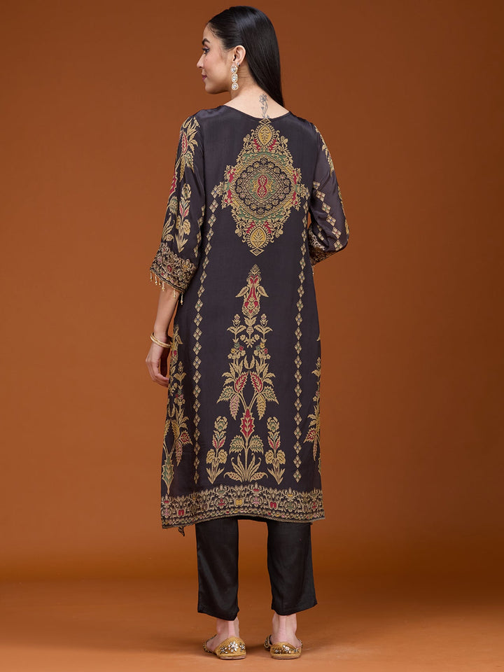 Black Threadwork Soft Raw Silk Readymade Salwar Suit