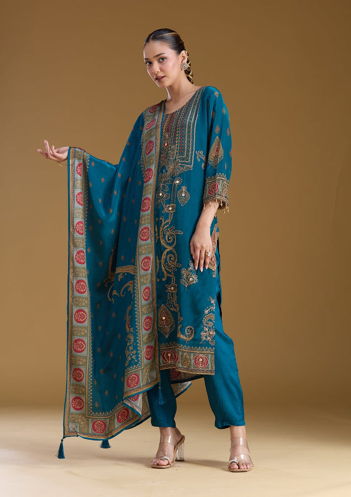 Peacock Blue Threadwork Soft Raw Silk Readymade Salwar Suit