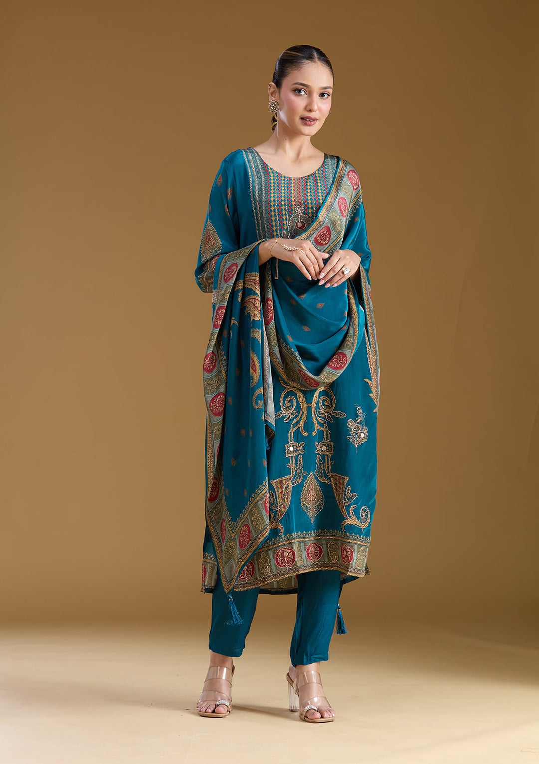 Peacock Blue Threadwork Soft Raw Silk Readymade Salwar Suit