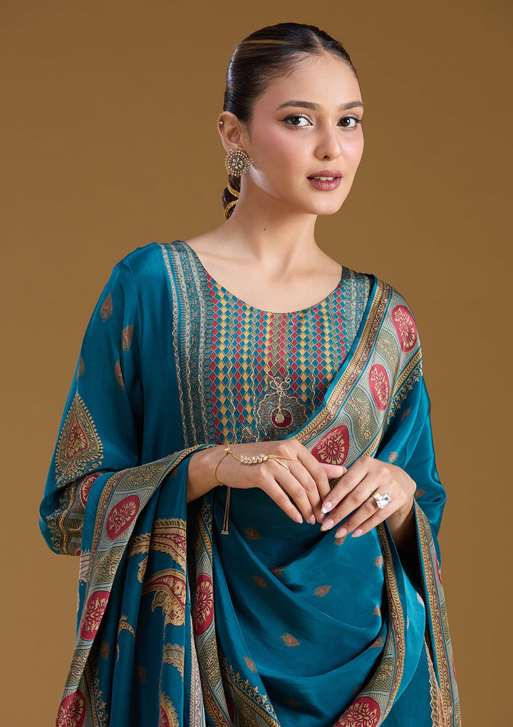 Peacock Blue Threadwork Soft Raw Silk Readymade Salwar Suit