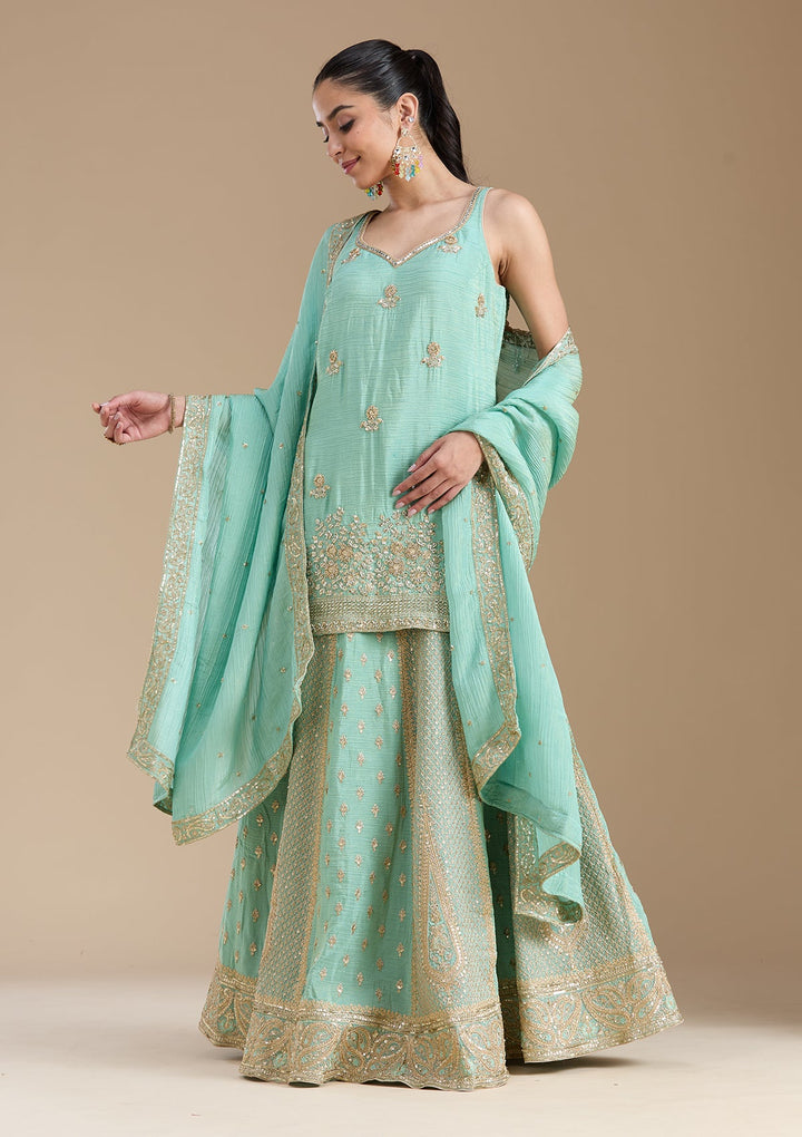 Sea Green Sequins Tissue Readymade Salwar Suit-koskii