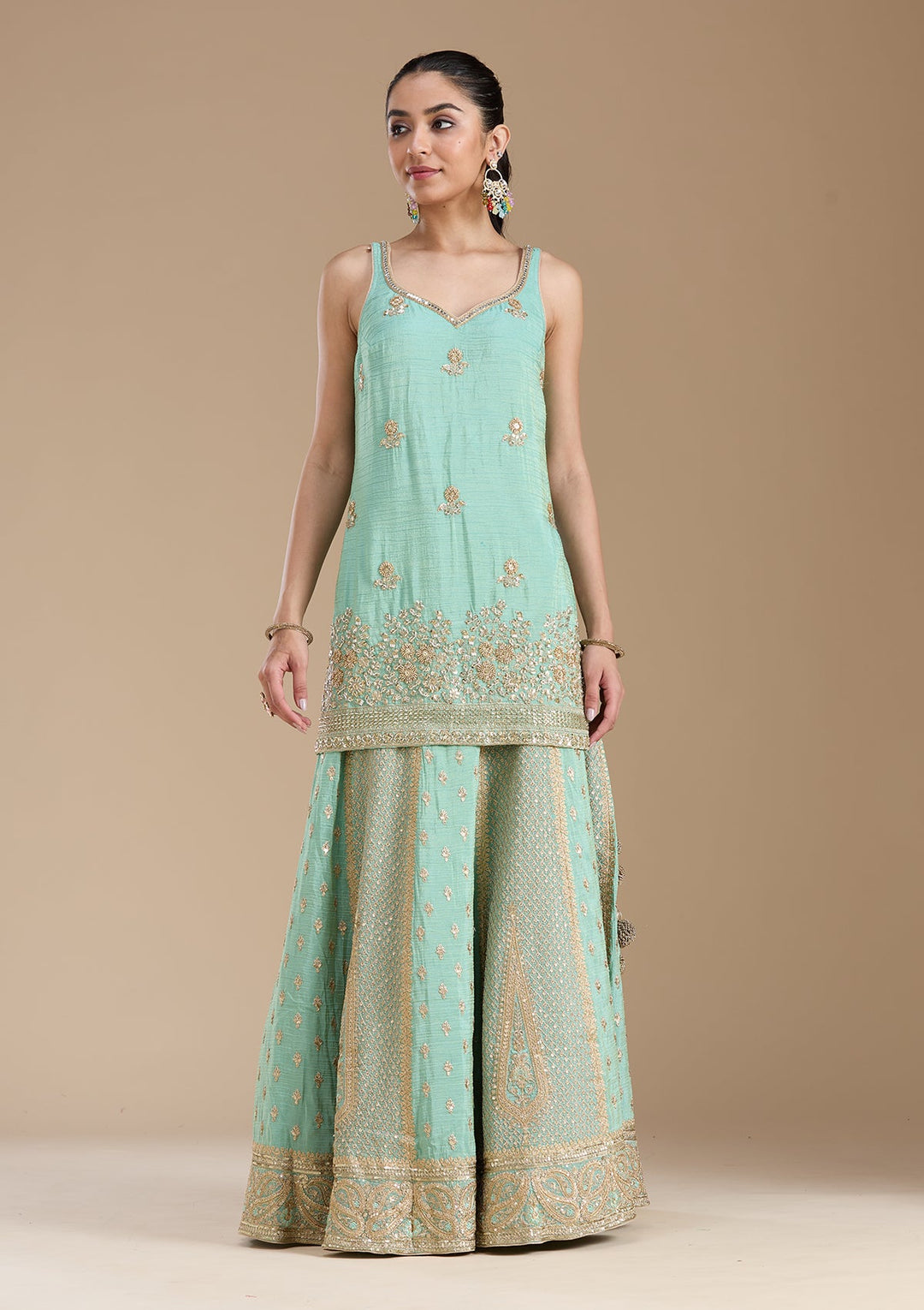 Sea Green Sequins Tissue Readymade Salwar Suit-koskii