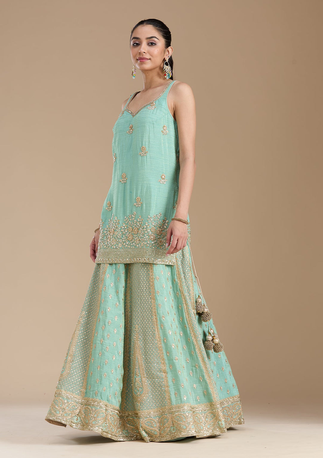 Sea Green Sequins Tissue Readymade Salwar Suit-koskii